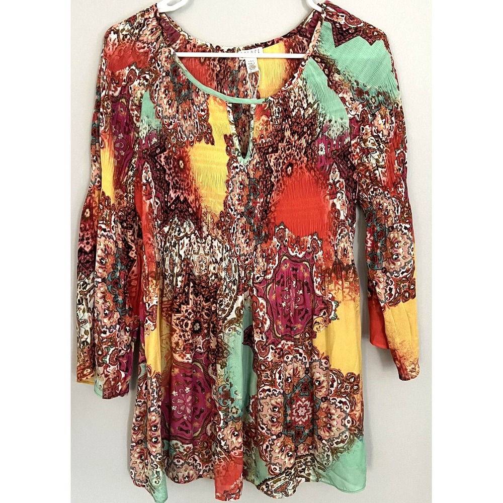 Spense Shirt Womens L Artsy Boho Peasant Tunic Blouse Crinkle Paisley NWT
